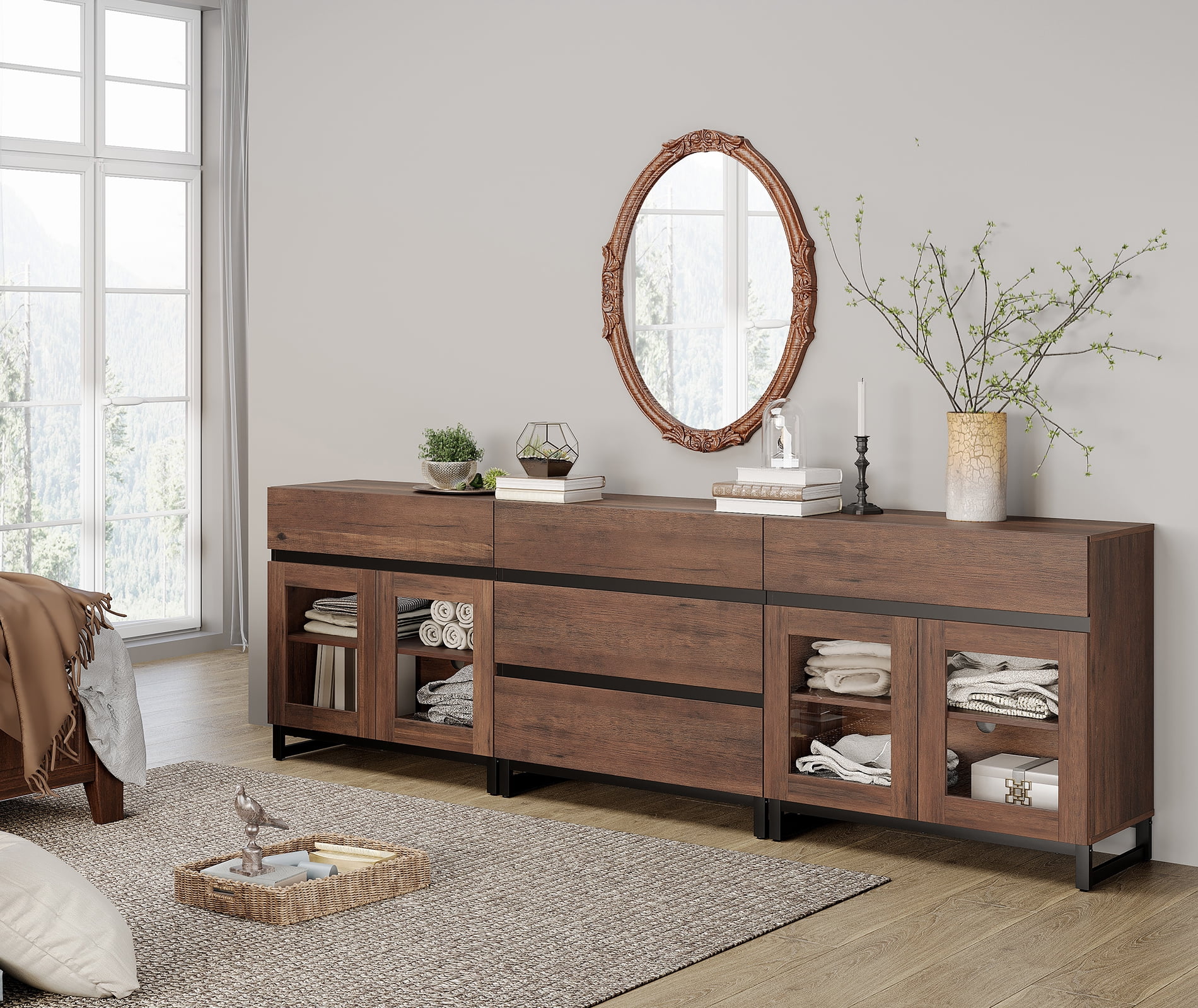 3 In 1 Multifunctional Dresser with Glass Doors & 5 Drawers, Modern Chest of Drawers with Adjustable Shelf and Metal Base, Household Storage Cabinet for Bedroom,Brown
