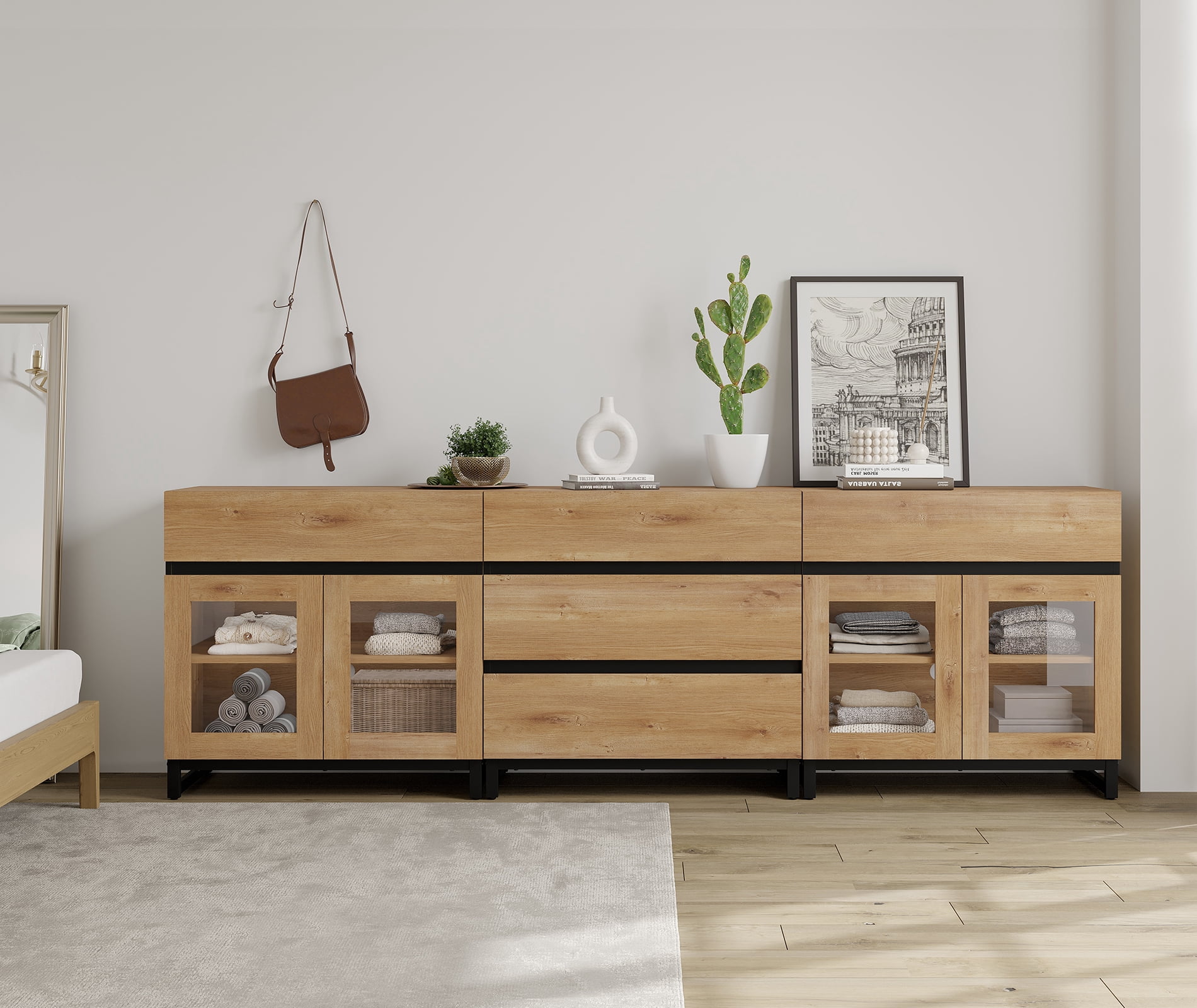 3 In 1 Multifunctional Dresser with Glass Doors & 5 Drawers, Modern Chest of Drawers with Adjustable Shelf and Metal Base, Household Storage Cabinet for Bedroom,Oak
