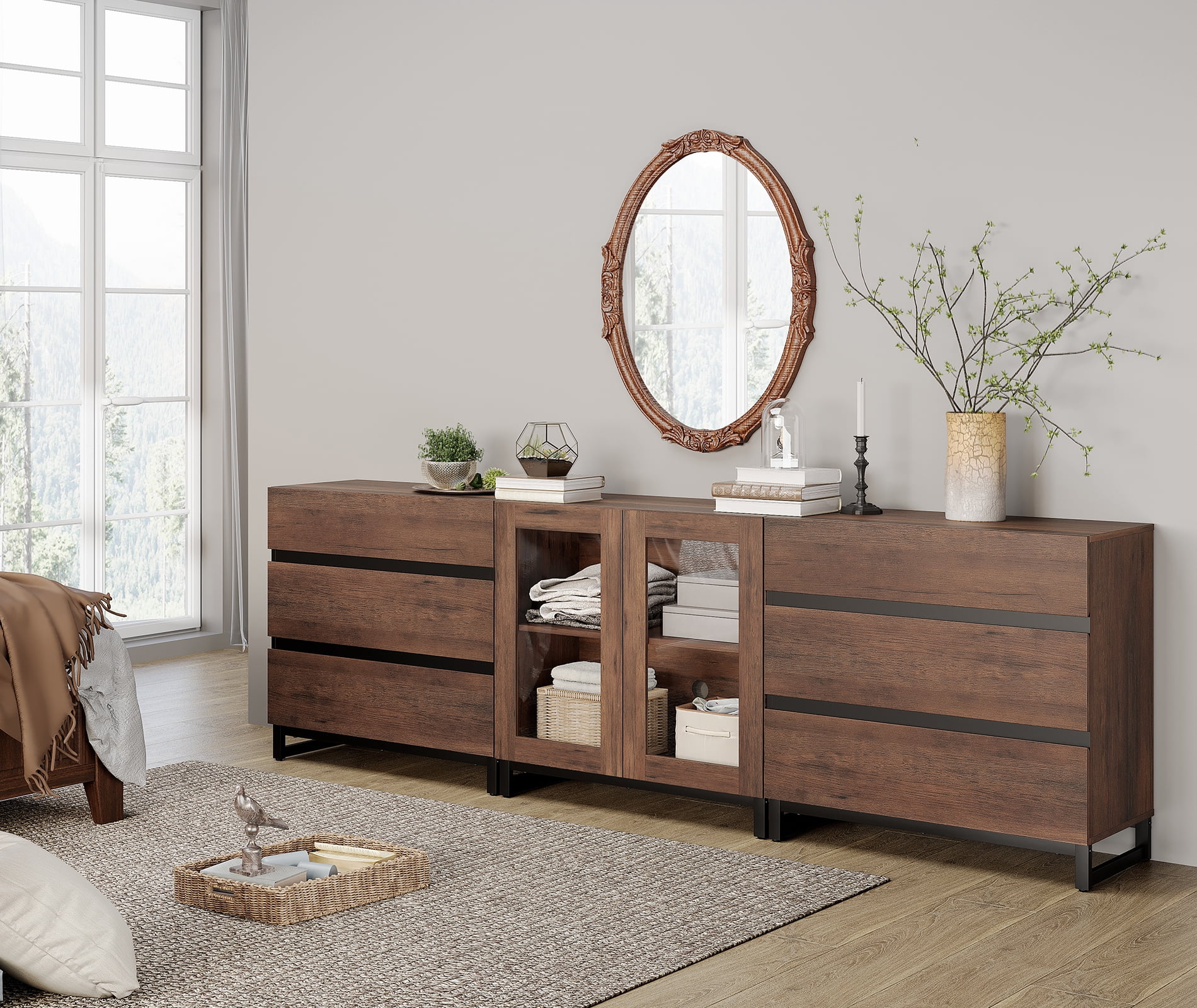 3 In 1 Multifunctional Dresser with Glass Doors & 6 Drawers, Modern Chest of Drawers with Adjustable Shelf and Metal Base, Household Storage Cabinet for Bedroom,Brown