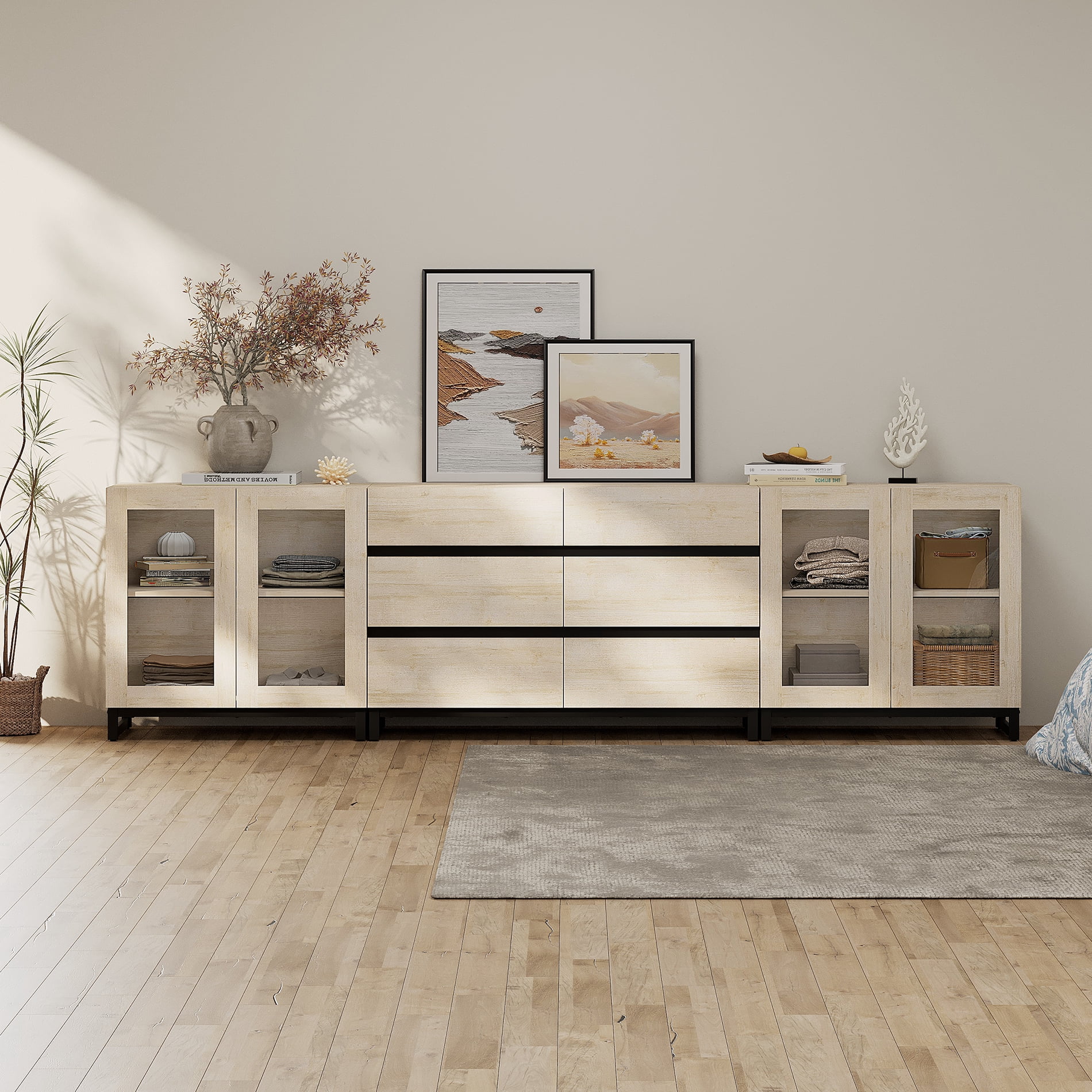 3 In 1 Multifunctional Dresser with Glass Doors & 6 Drawers, Modern Chest of Drawers with Adjustable Shelf, Multi-purpose Closet Organizer Storage Cabinet for Bedroom,Beige
