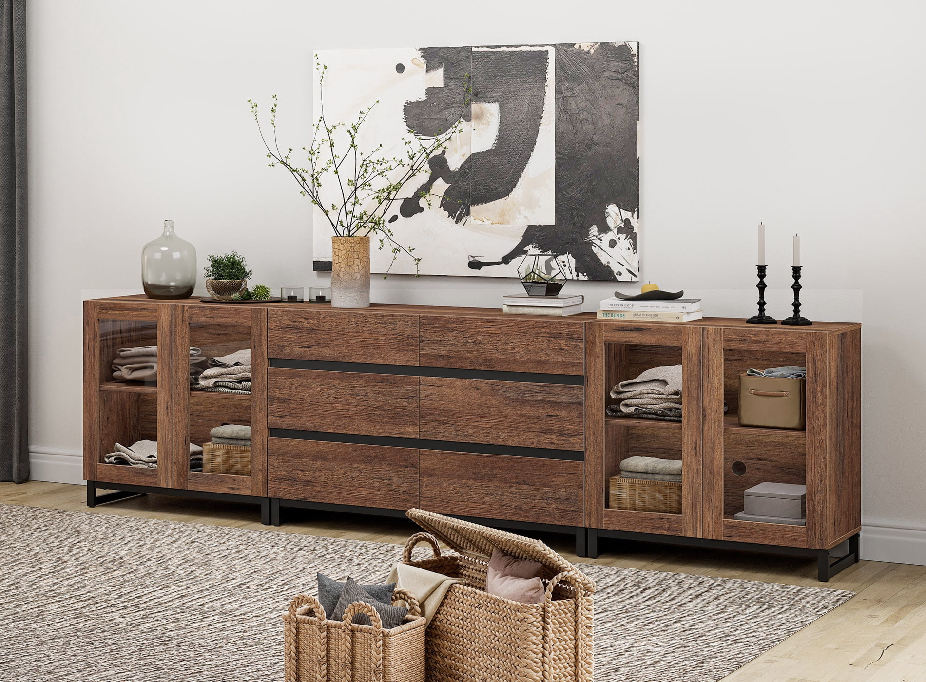 3 In 1 Multifunctional Dresser with Glass Doors & 6 Drawers, Modern Chest of Drawers with Adjustable Shelf, Multi-purpose Closet Organizer Storage Cabinet for Bedroom,Brown