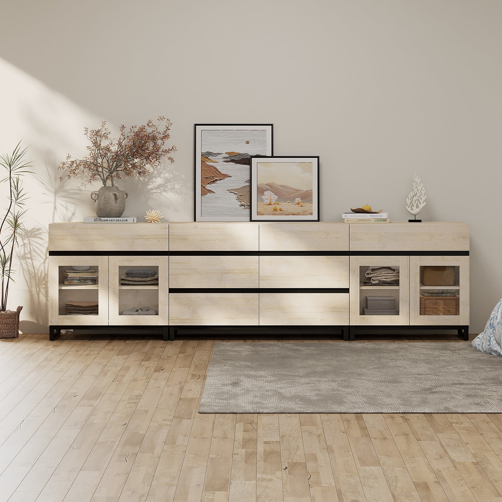 3 In 1 Multifunctional Dresser with Glass Doors & 7 Drawers, Modern Chest of Drawers with Adjustable Shelf and Metal Base, Household Storage Cabinet for Bedroom,Beige