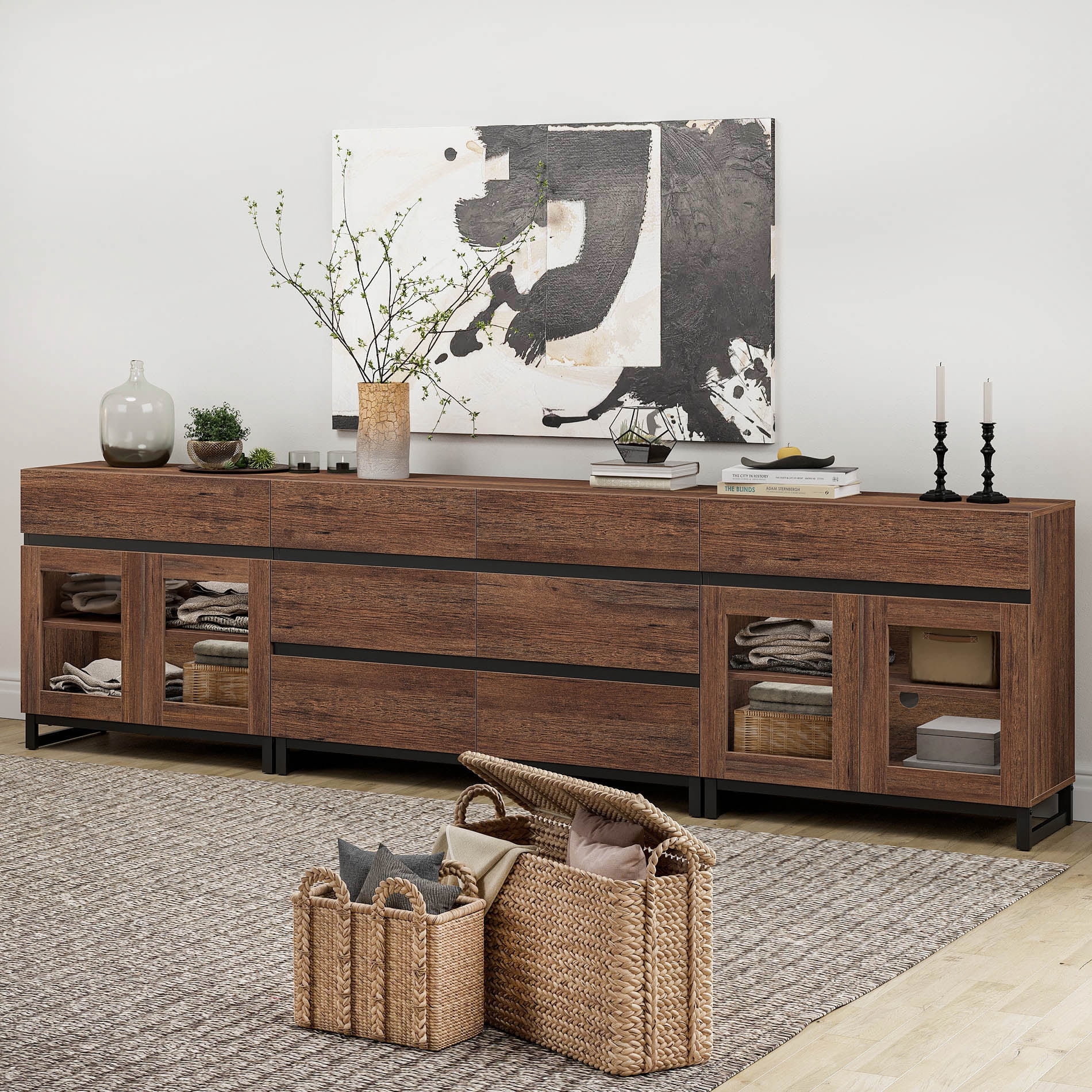 3 In 1 Multifunctional Dresser with Glass Doors & 7 Drawers, Modern Chest of Drawers with Adjustable Shelf and Metal Base, Household Storage Cabinet for Bedroom,Brown