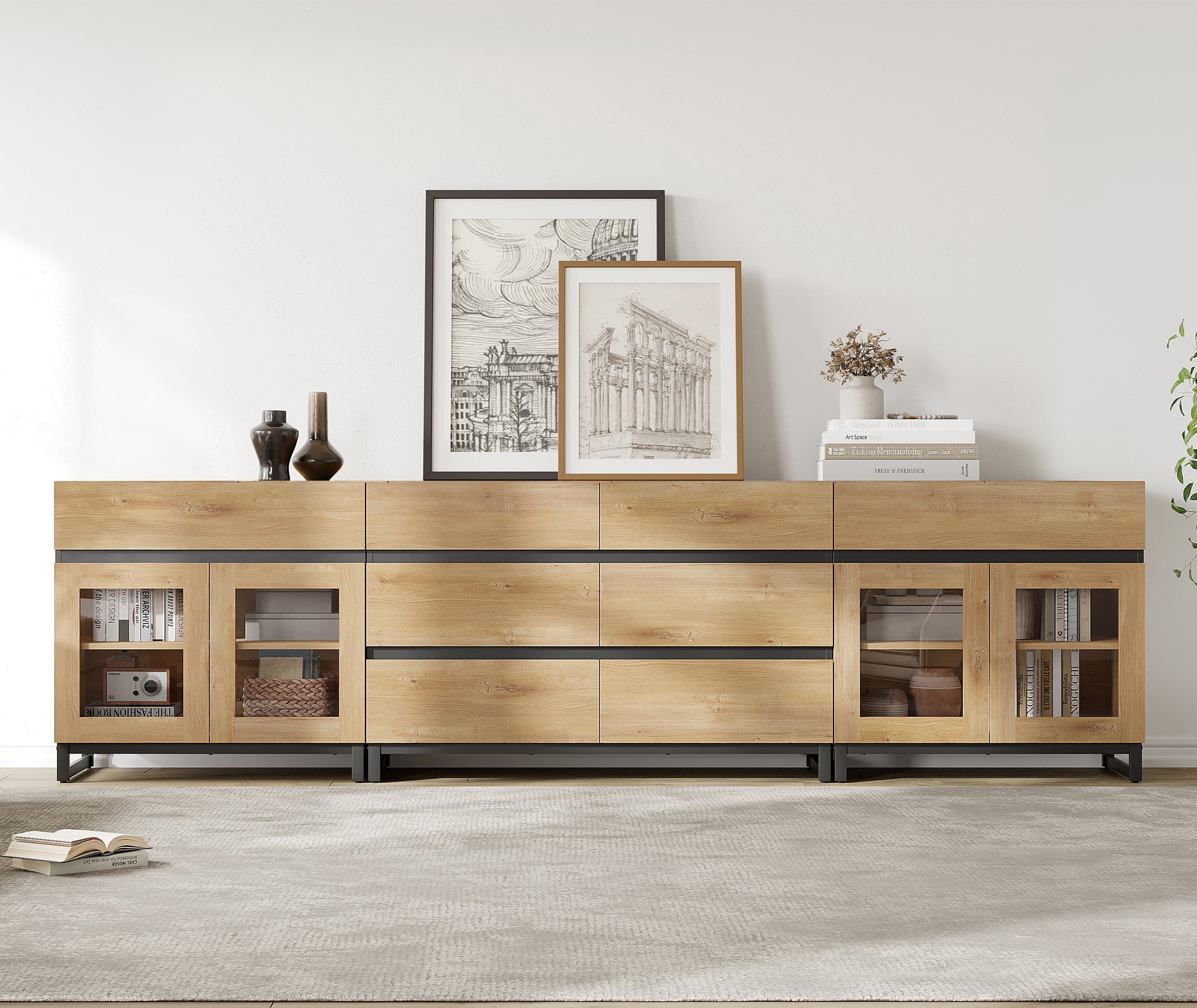 3 In 1 Multifunctional Dresser with Glass Doors & 7 Drawers, Modern Chest of Drawers with Adjustable Shelf and Metal Base, Household Storage Cabinet for Bedroom,Oak