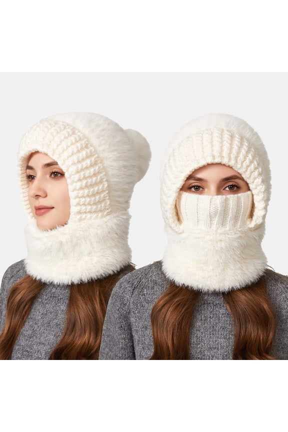 3 In 1 Multifunctional Knit Headgear, Thickened Fleece Lining Thermal Beanie, Combined Neck Warmer And Face Shield For Ladies Travel Camping Commute Winter Cold Protection