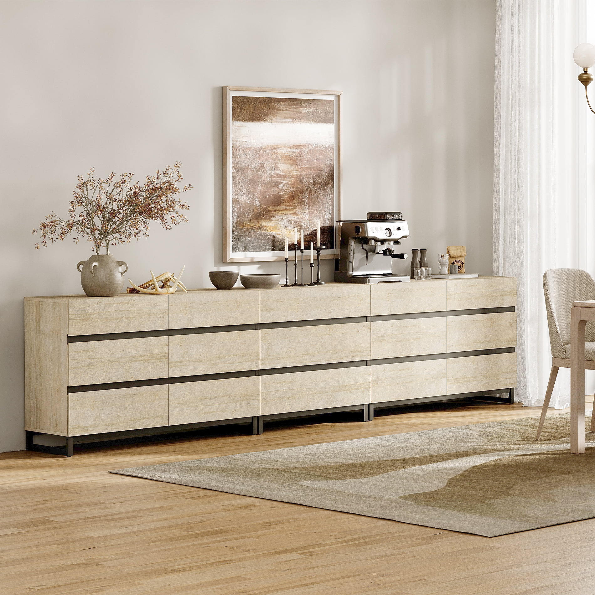 3 In 1 Multifunctional Sideboard Buffet Cabinets With 15 Drawers, Modern Sideboard Credenza With Adjustable Shelf And Metal Base, Coffee Bar Cabinet Storage Cabinet For Living Room, Kitchen