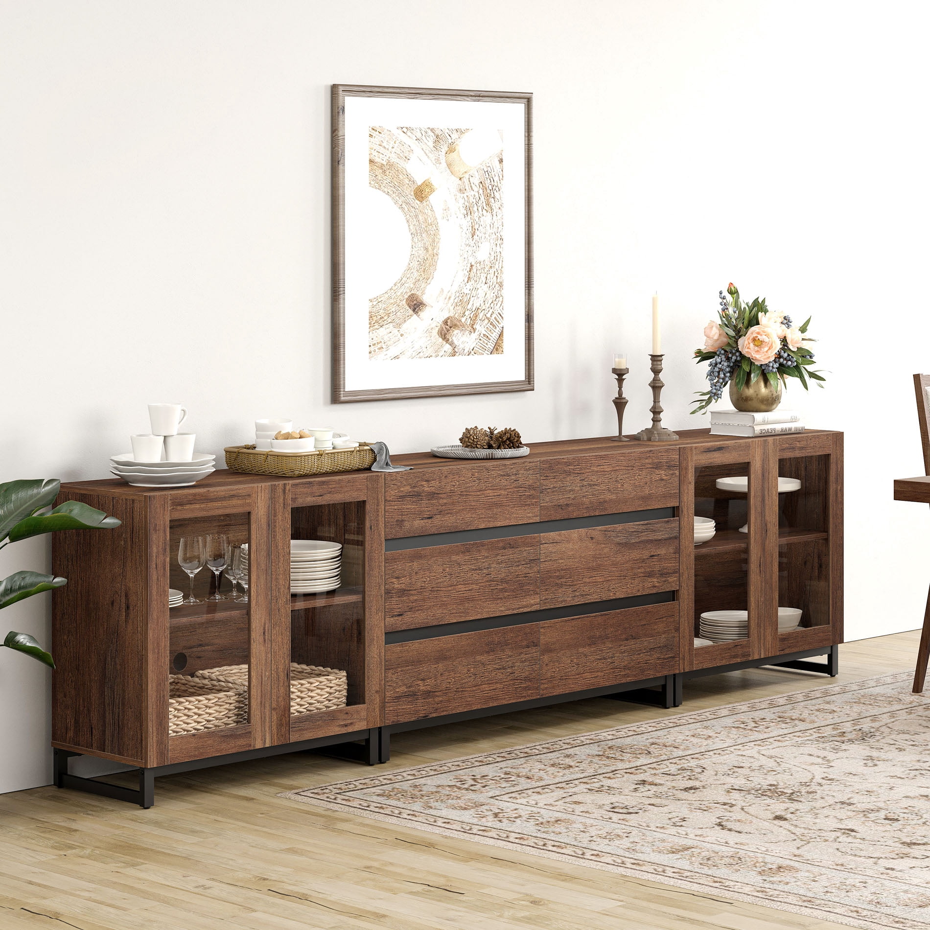 3 In 1 Multifunctional Sideboard Buffet Cabinets With Glass Doors And 6 Drawers, Modern Sideboard Credenza With Adjustable Shelf And Metal Base, Brown