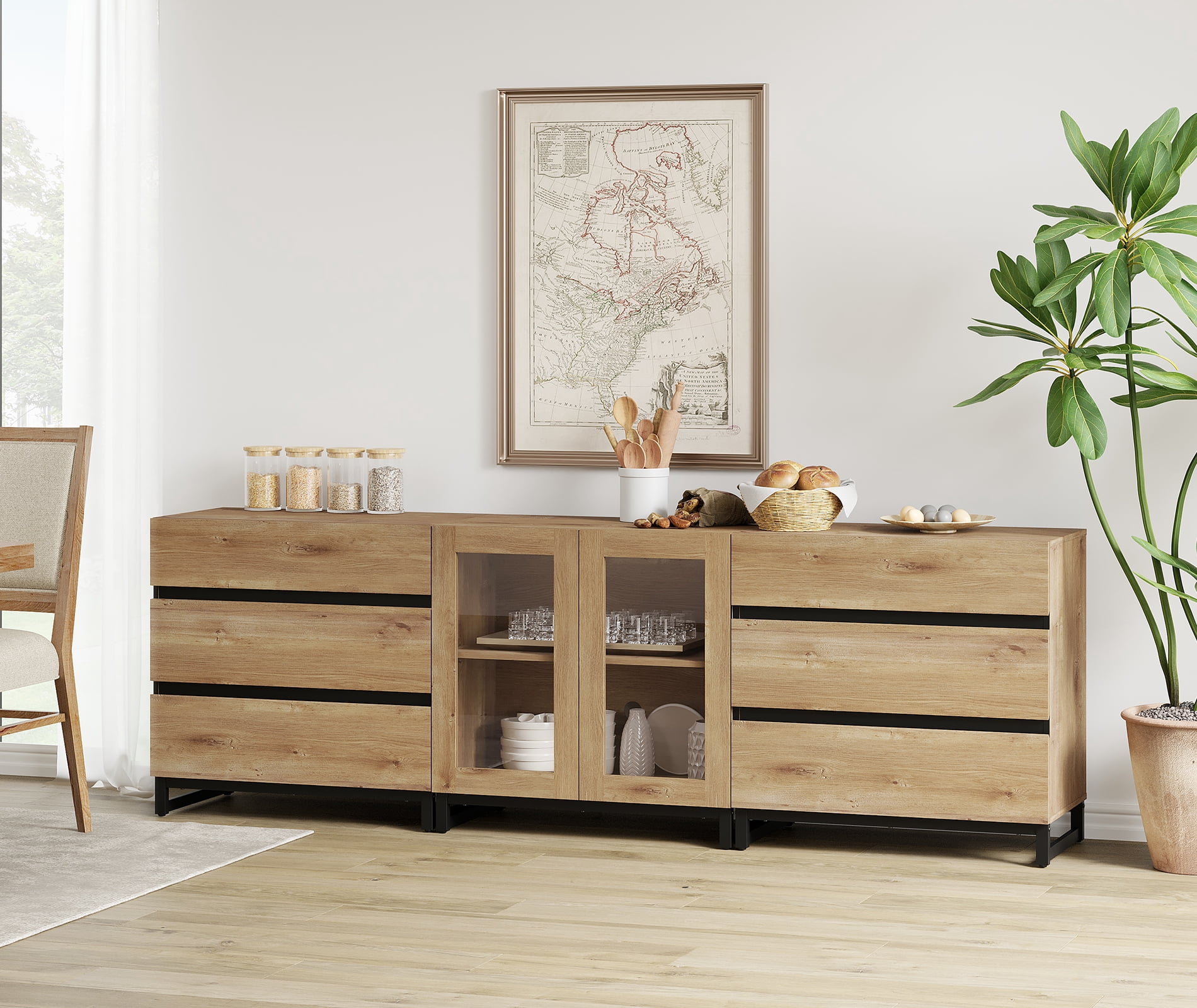 3 In 1 Multifunctional Sideboard Buffet Cabinets With Glass Doors And 6 Drawers, Modern Sideboard Credenza With Adjustable Shelf And Metal Base,Storage Cabinet For Living Room, Kitchen
