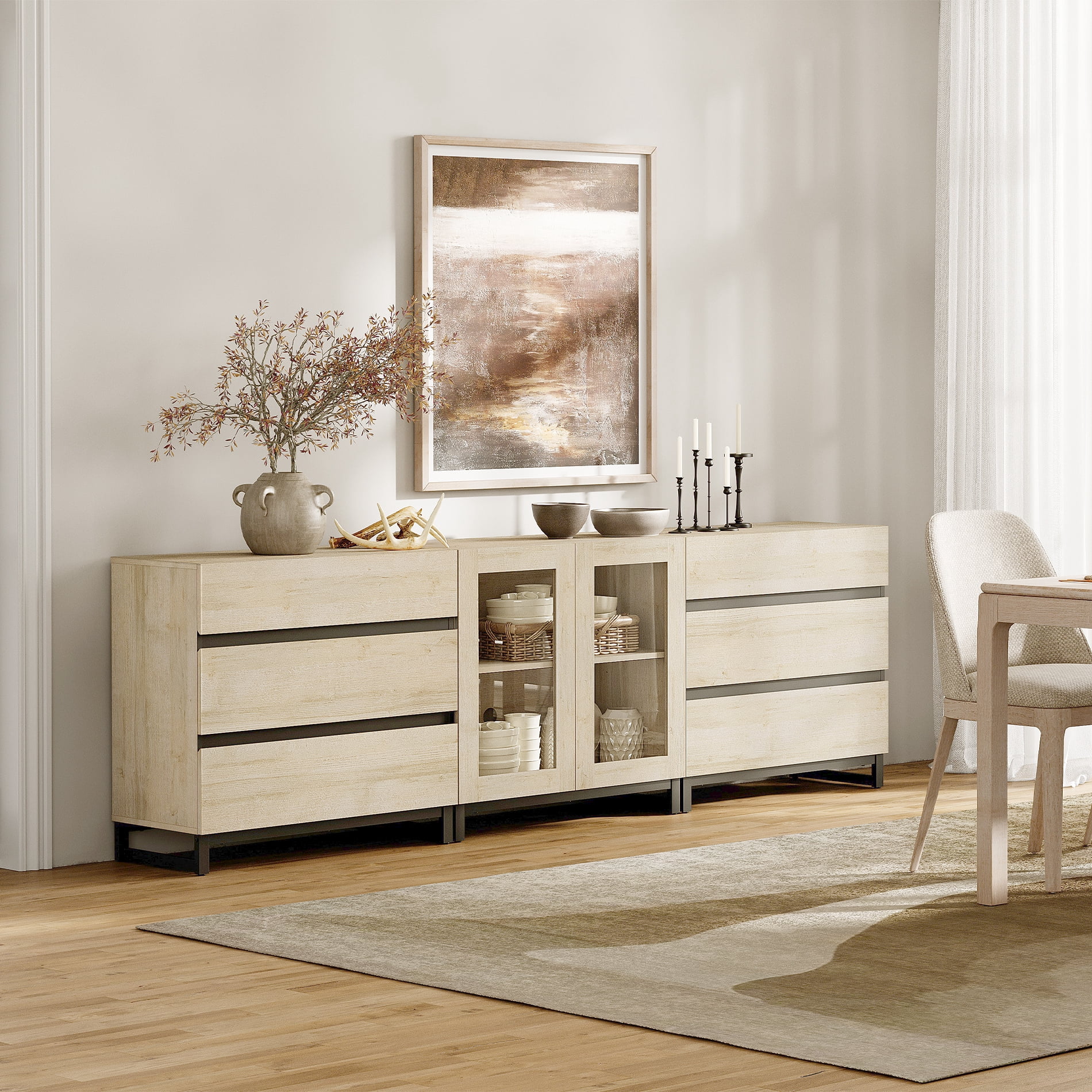 3 In 1 Multifunctional Sideboard Buffet Cabinets With Glass Doors And 6 Drawers, Modern Sideboard Credenza With Adjustable Shelf And Metal Base,Storage Cabinet For Living Room, Kitchen