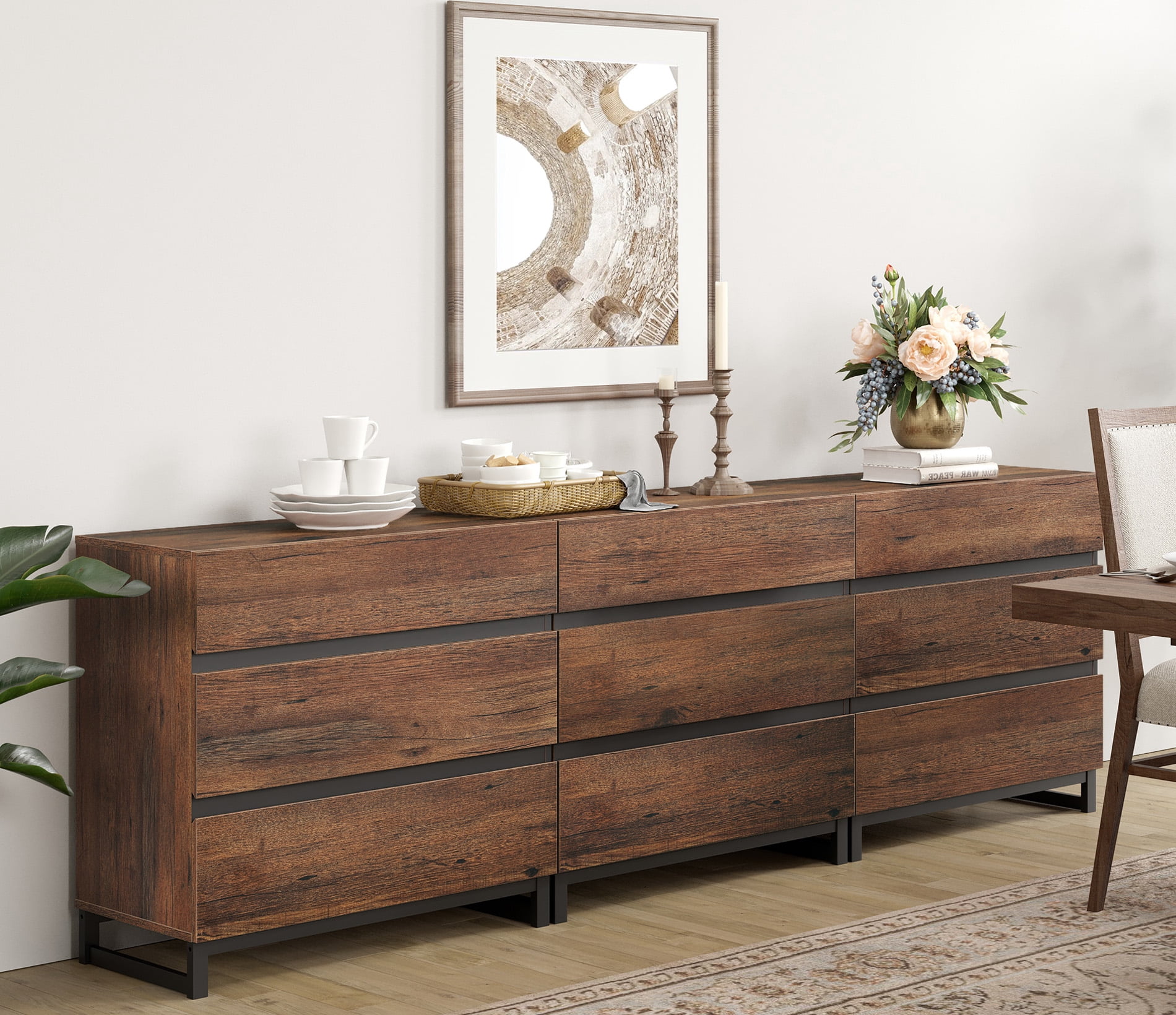 3 In 1 Multifunctional Sideboard Buffet Cabinets, Modern Sideboard With Adjustable Shelf And 9 Drawers, Coffee Bar Cabinet Storage Cabinet For Living Room, Kitchen,Brown