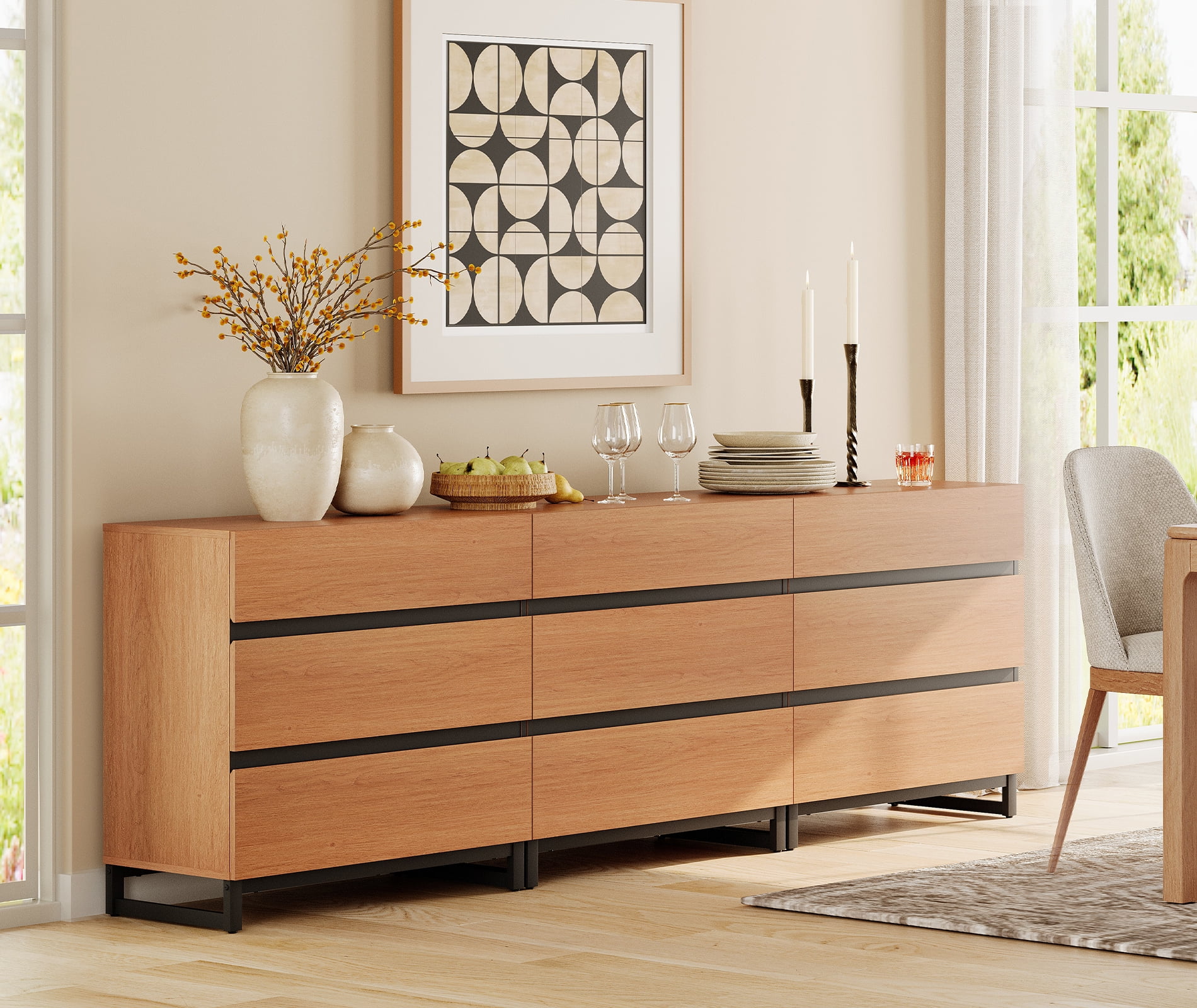 3 In 1 Multifunctional Sideboard Buffet Cabinets, Modern Sideboard With Adjustable Shelf And 9 Drawers, Coffee Bar Cabinet Storage Cabinet For Living Room, Kitchen,Mocha