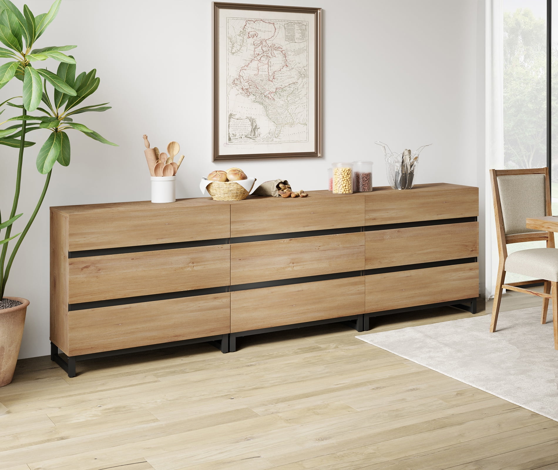 3 In 1 Multifunctional Sideboard Buffet Cabinets, Modern Sideboard With Adjustable Shelf And 9 Drawers, Coffee Bar Cabinet Storage Cabinet For Living Room, Kitchen,Oak
