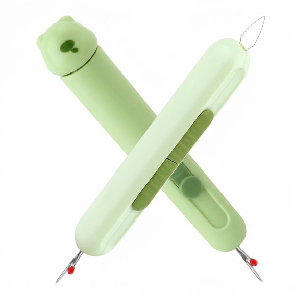 3 in 1 Needle Threader and Seam Ripper Set, Automatic Sewing Tool with Stretchable Quick Remover, Needle Storage for Hand Quilling, Embroidery Threading and Removal, Green