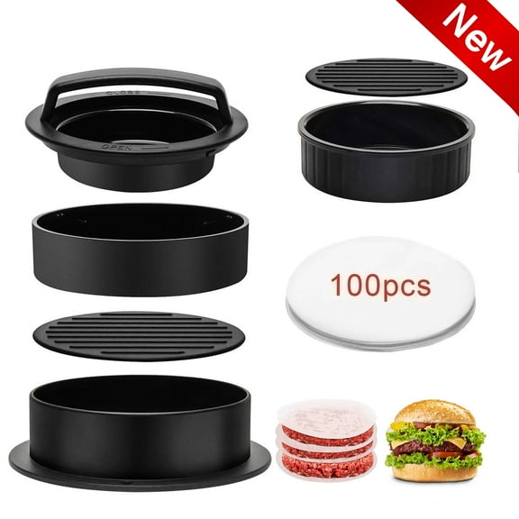 3 in 1 Non-Stick Burger Press for Perfect Patties, Hamburger Press Patty Maker with 100 Burger Paper Best for Stuffed, Sliders, and Regular Burgers For BBQ Grilling Cooking (Black)