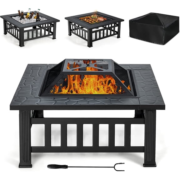 3 in 1 Outdoor Fire Pit, 32 Inch Square Steel Fireplace with Spark Screen, Log Grate, BBQ Grill, Poker, Rain Cover, Wood Burning Fire Pit Stove for Camping, Outdoor Heating, Bonfire