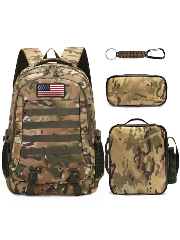 Camo Backpack 3 in 1 Set with Lunch Box & Pencil Case for Boys, 19 Inch School Bookbag for Kids Teens Elementary Middle High School, Lightweight Durable Bag for Outdoor Camping Trave
