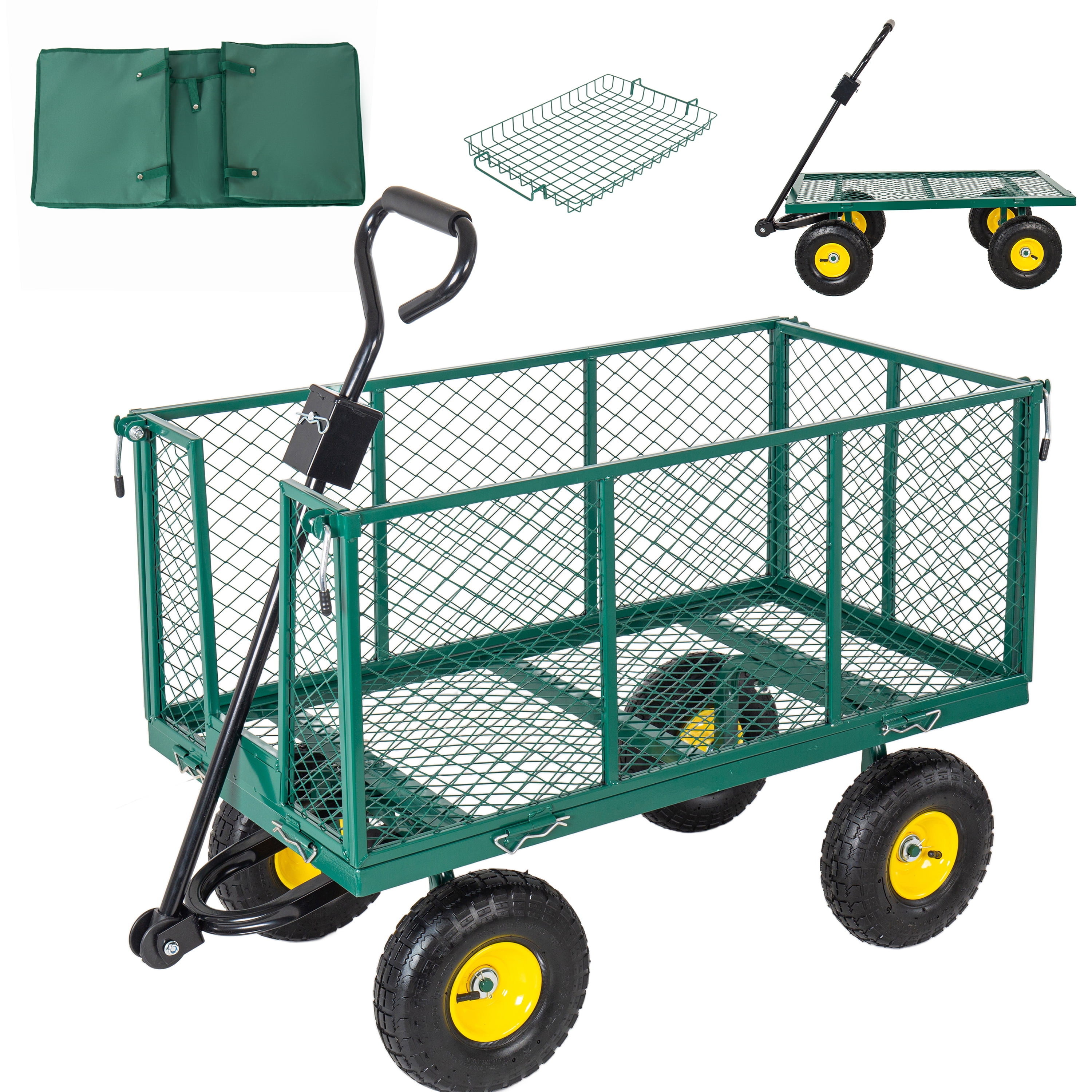 3 in 1 Oversized Steel Garden Cart, 880lbs Pullable Mesh Metal Garden Cart, All-Terrain Utility Cart with Removable Liner & Side Panels & Mesh Tray for Outdoor Lawn, Patio and Landscaping
