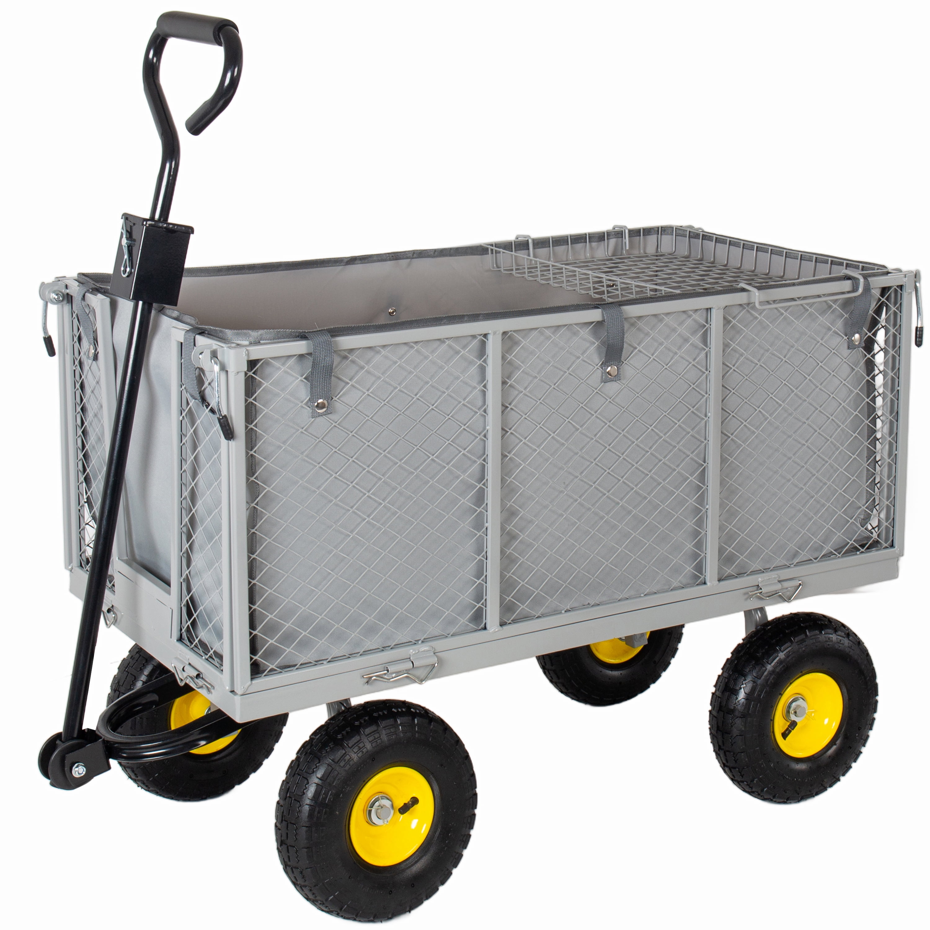 3 in 1 Oversized Steel Garden Cart, 880lbs Pullable Mesh Metal Garden Cart, All-Terrain Utility Cart with Removable Liner & Side Panels & Mesh Tray for Outdoor Lawn, Patio and Landscaping, Gray