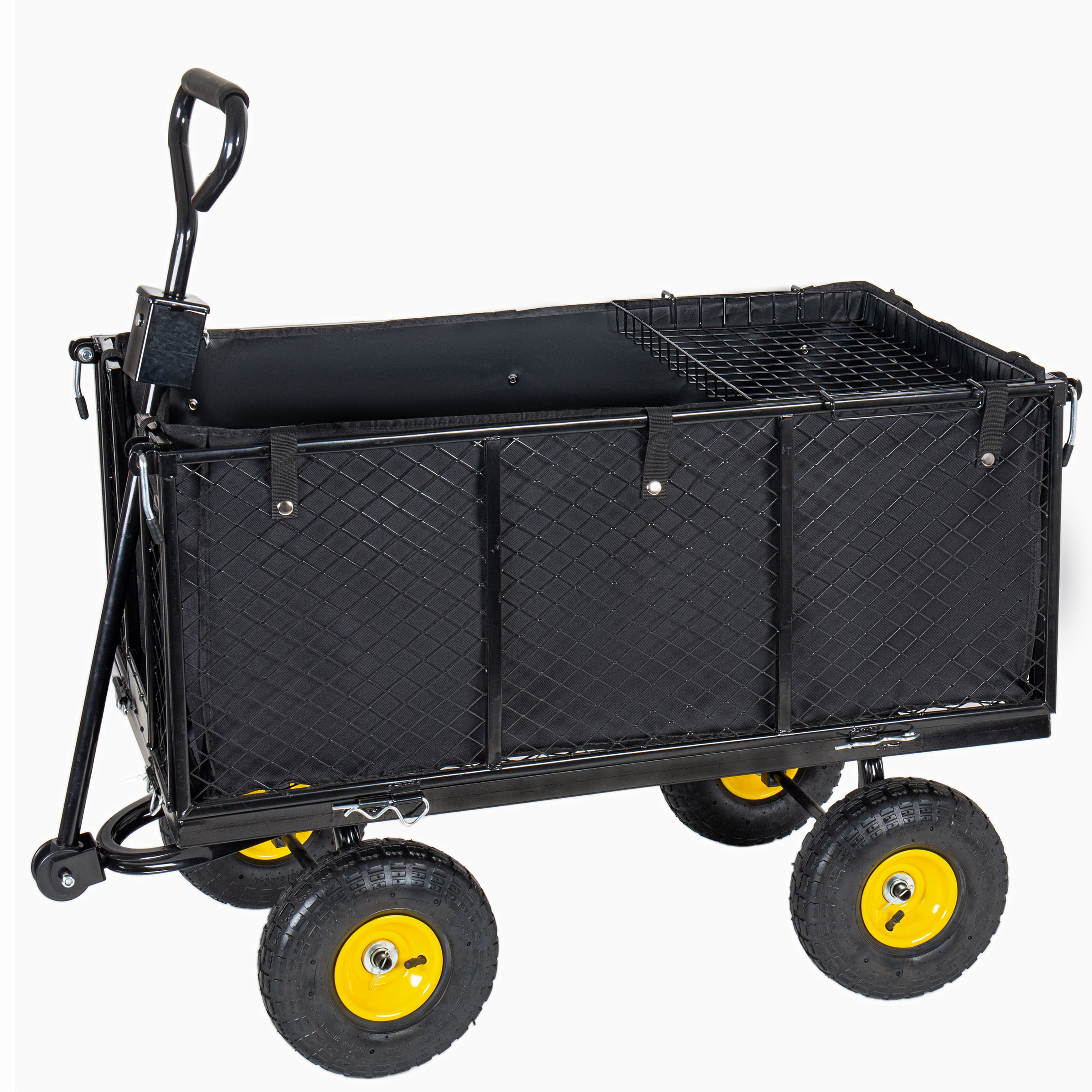 3 in 1 Oversized Steel Garden Cart, 880lbs Pullable Mesh Metal Garden Cart, All-Terrain Utility Cart with Removable Liner & Side Panels & Mesh Tray for Outdoor Lawn, Patio and Landscaping, Black