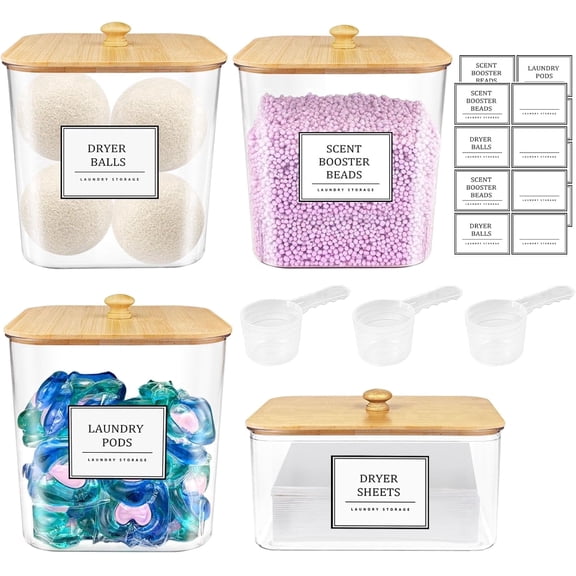 TeSabMi 3+1 Pack Laundry Pods Container Set with Dryer Sheet Holder, Clear Laundry Room Storage Containers with Scoops and Labels, Natural