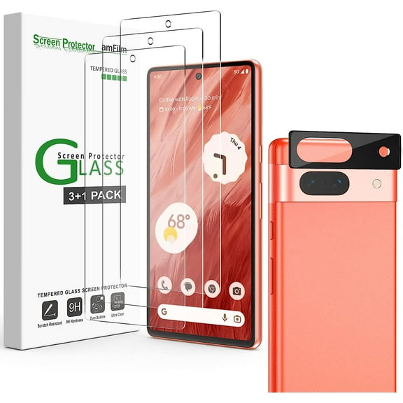 (3+1 Pack) amFilm for Google Pixel 7a - 3 Tempered Glass Screen and 1 Lens Protector, 0.33mm Thickness, HD Clear, Anti-Scratch Bubbles-Free