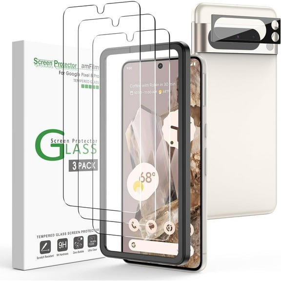(3+1 Pack) amFilm tempered glass screen protector & camera lens protector for Google Pixel 8 Pro, Ultrasonic Fingerprint Compatible, with Easy Installation Frame, Anti Scratch, Bubbles-Free