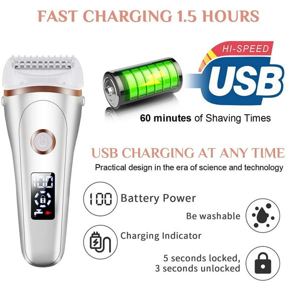 3 IN 1 Painless Lady Razor, Women Electric Shaver Waterproof Wet & Dry, USB Rechargeable Low Noise Body Hair Remover Epilator Bikini Trimmer Grooming Kit W/ LED Display for Face Legs Armpit Underarms