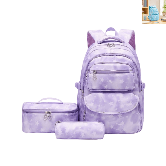 3 In 1 Polyester School Backpack With Lunch Box And Pencil Case,Back To School Cutecore Backpack, Star Galaxy Print Girls Bookbag, Practical Back To School Supplies For Elementary Daily School Use-B