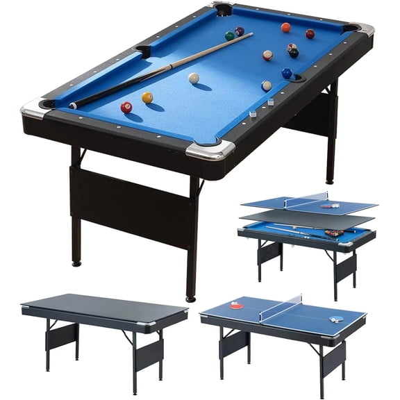3 in 1 Pool Table Ping Pong Dining Table Combo,63.8 Foldable Billiard Tables/Table Tennis, Multi Game Table, with Billiard and Tennis Paddles Accessories