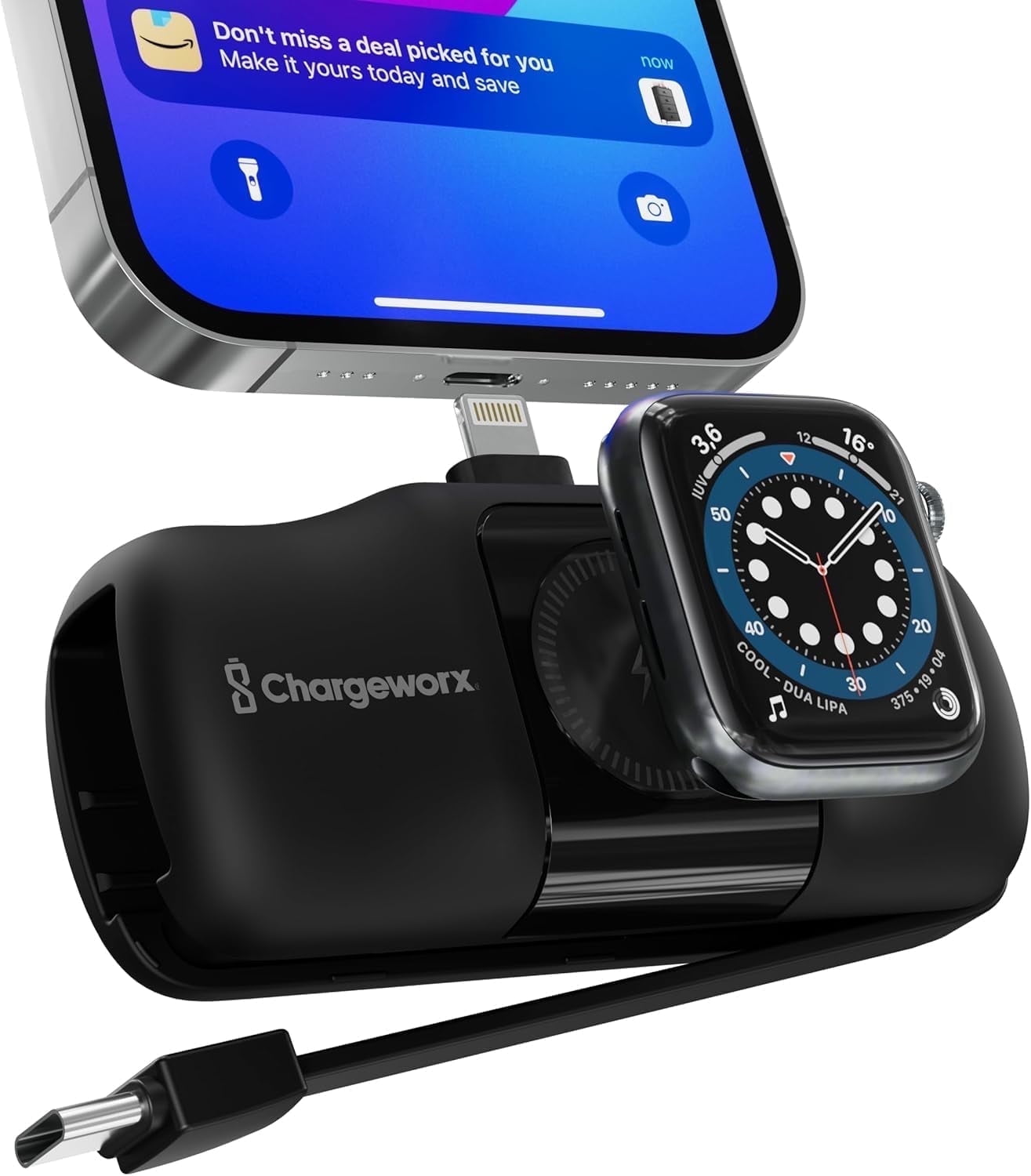 3 in 1 Portable Charger Power Bank for iPhone, USB-C Devices, Smart Watch, 5000mAh Battery, Ultra Compact, Fast Charging Travel Charger, LED Battery Indicator (Black)