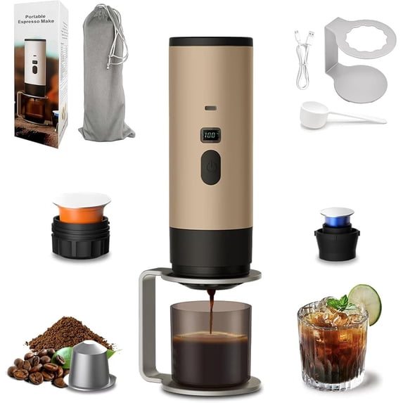 3 In 1 Portable Coffee Maker, 15 Bar Portable Espresso Machine with LED Display and USB, Travel Coffee Maker Self-Heating, Compatible with Ground Coffee & Capsules(Ns&DG) for RV, Office (Champagne)