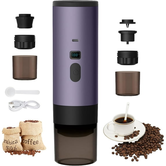 3 in 1 Portable Coffee Maker, 72W Wireless Portable Coffee Maker, 12V Espresso Machine Rechargeable, USB-C Espresso Coffee Maker with Capsules, Water Reservation 90ml,Purple
