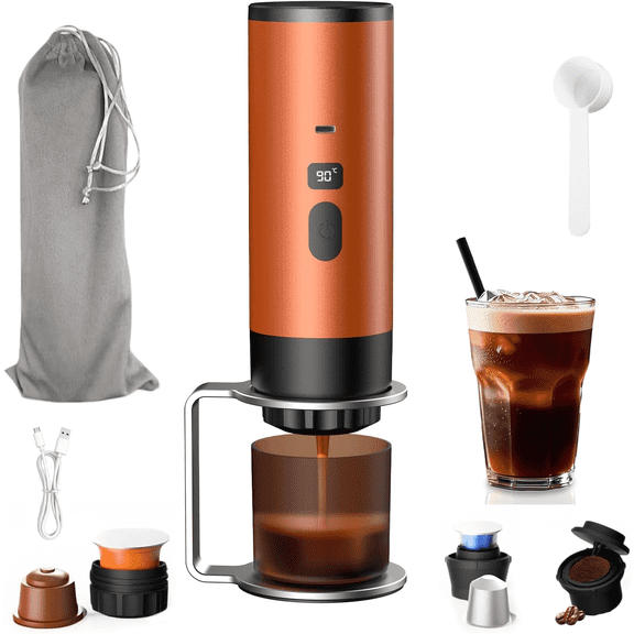 3 in 1 Portable Electric Espresso Machine, Mini Espresso Machine On the Go, Travel Coffee Maker, Self-Heating Ground Coffee K Cup, for Camping, Car, RV & Hiking