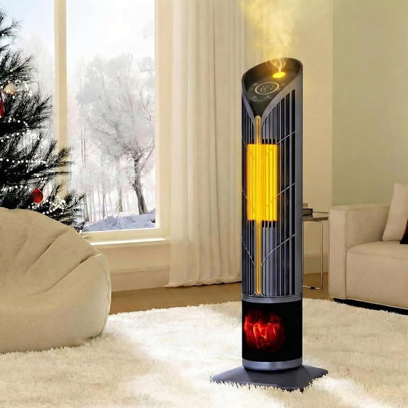 3 in 1 Portable Electric Heater with Humidifier & LED Light, 3D Flame, Oscillating Tower Heater for Indoor Use, Eco Mode, 28.5" Space Heater for Large Room, Office, Bedroom