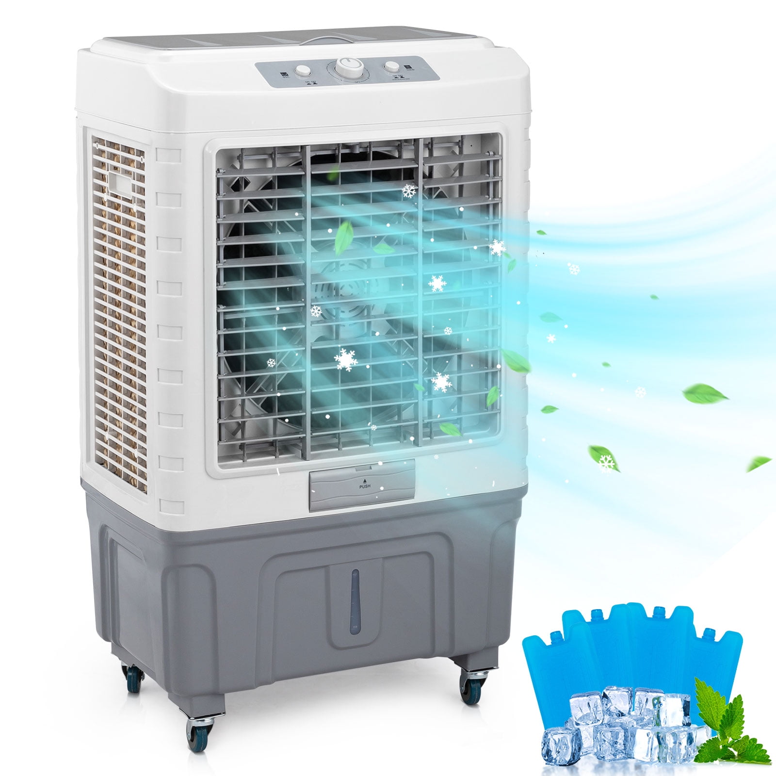 3 in 1 Portable Evaporative Cooler, Indoor Outdoor 4118CFM Personal Air Cooler, Mechanical Control, 13.2 Gal Large Water Tank & Scroll Casters, 4 Ice Packs