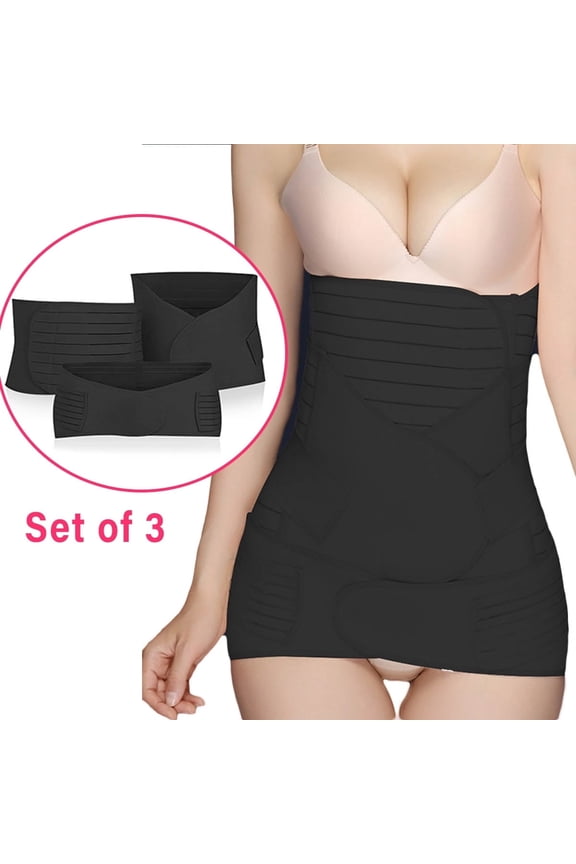 3 in 1 Postpartum Belly Wrap for Women - Abdominal Support Girdle, C-Section Recovery & Post Pregnancy Belly Band with Breathable Compression, Black,L