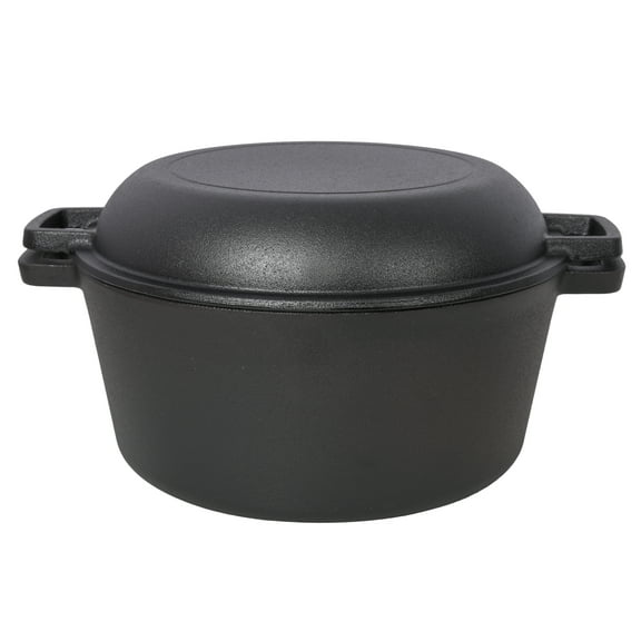 3 in 1 Pre-Seasoned Cast Iron Dutch Oven, Outdoor Camping Deep Pot, 5 Quart. Cover As A Skillet with Ribbed Bottom Design. With 1PC Iron Pot Rack, 1PC Lid Lifter.