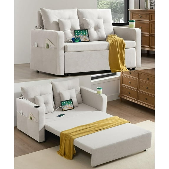 3 in 1 Pull Out Couch, 56 Inch Convertible Sleeper Sofa Bed, Loveseat with Cup Holders, Storage Pockets, USB, Sofa Couches for Living Room, Bedroom, Apartment, Beige