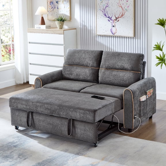 3 in 1 Pull Out Sleeper Sofa Bed with USB Charging Station and 4 Side Pockets, 58" Chenille Convertible Loveseat Sleeper Couch with Adjustable 3 -Position Backrest for Living Room, Apartment, Grey