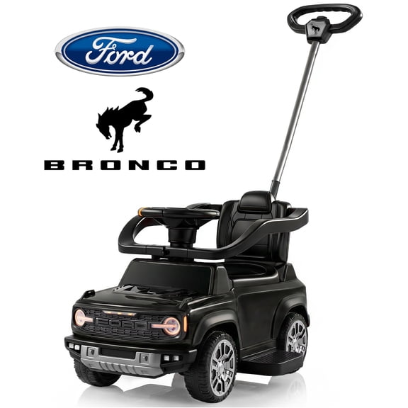 3 in 1 Push Car for Toddlers 1–3, Licensed Ford Bronco Ride On Car with Parent Steering Handle, Steering Wheel, Removable Guardrail & Footrest, Music, Horn, Under Seat Storage, Silent Wheels, Black