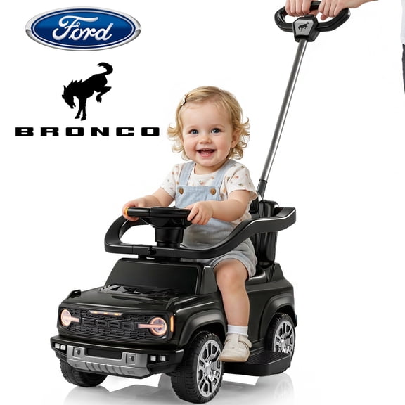 3 in 1 Push Car for Toddlers 1–3, Licensed Ford Bronco Ride On Car with Parent Steering Handle, Steering Wheel, Removable Guardrail & Footrest, Music, Horn, Under Seat Storage, Silent Wheels, Black