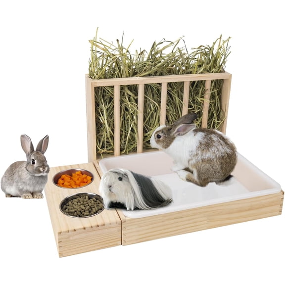 3 in 1 Rabbit Hay Feeder with Litter Box,Wooden Hay Feeder with 2 Bowls & Litter Box for Guinea Pig Chinchilla Bunny Other Small Animals,Large Capacity & Preventing Waste