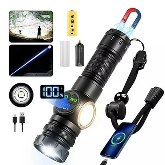 3 in 1 Rechargeable Flashlight True 120000 Lumens Outdoor Strong Cob Light, IP65 Waterproof 5000mAh Zoomable Beam LED Flash Light with Magnet Power Failure Emergency Survival Kits Snowstorm