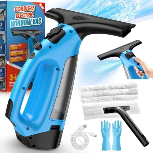 3 in 1 Rechargeable Window Vacuum Squeegee Cordless with 10 inch Blade, Window Cleaner for Efficiently Spraying, Wiping and Vacuuming Windows, Mirrors, Shower Glass, Tiles and Countertops, Blue