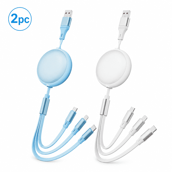 3 in 1 Retractable Fast Charging Cable, 2 Pack TPE Multi Connector Charging Cord with Aluminum Alloy Housing, 5-Level Adjustable Length Cable for Phones, Tablets and Everyday Travel Use