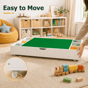 The 3 in 1 Reversible Kids Activity Table and Toy Organizer Compatible with Lego, Building Bricks & Whiteboard Play Table with City Road Map, Low-Profile Design for Under Sofa