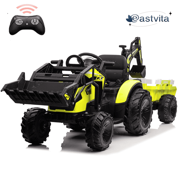 EastVita 3 in 1 Ride on Tractor, Excavator & Bulldozer, 24V Ride on Car Toy Electric Vehicle w/Trailer, Shovel Bucket Yellow