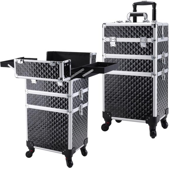 3 in 1 Rolling Makeup Case Professional Trolley Large Storage with Swivel Wheels Salon Barber Case Traveling Cart Trunk for Make Up Hairstylists Tech, Black