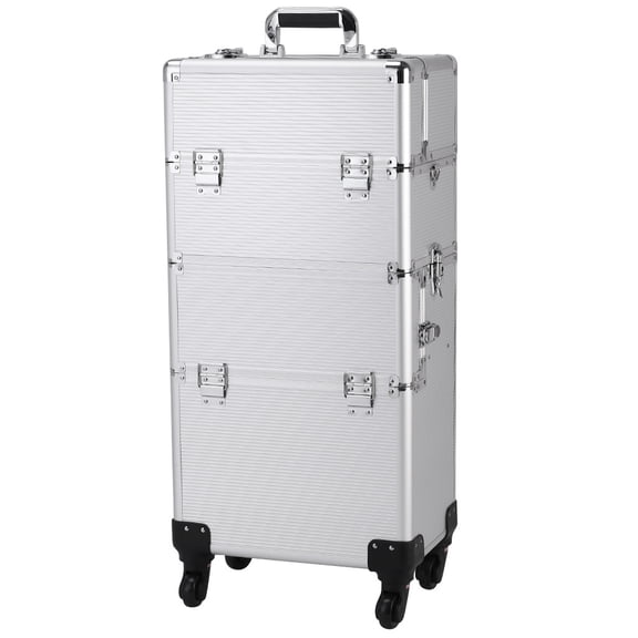 3 in 1 Rolling Makeup Train Case, Multi-functional Professional Cosmetic Trolley with 360° Swivel Wheels Keys & Folding Trays, Large Storage Traveling Cart Trunk for Nail Technicians Hairstylist,White