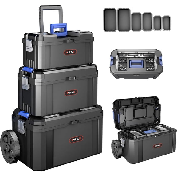 AIRAJ 3-in-1 Rolling Tool Box with Wheels Stackable Tool Chest Tool Storage Organizer Removable Trays 17 in 19 in 21 in Garage Workshop